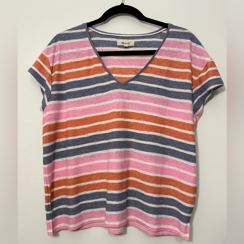 Madewell Women’s Multi-Colored Striped V-Neck Tee Size M